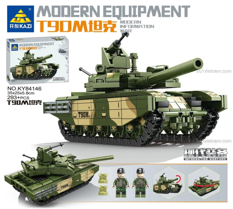 Bộ xếp hình KAZI KY84146 Xe Tăng T90M với 2 minifigures lính tăng, tính năng tháp pháo xoay, đồ chơi giáo dục cho bé trai 6 tuổi.