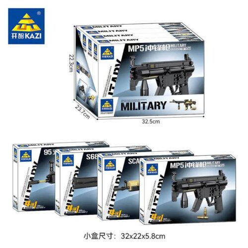 Hộp sản phẩm bộ lắp ráp súng KAZI KY88007, gồm 4 mẫu MP5, SCAR, S686, Type 95, đồ chơi cho bé trai 6 tuổi giá rẻ.