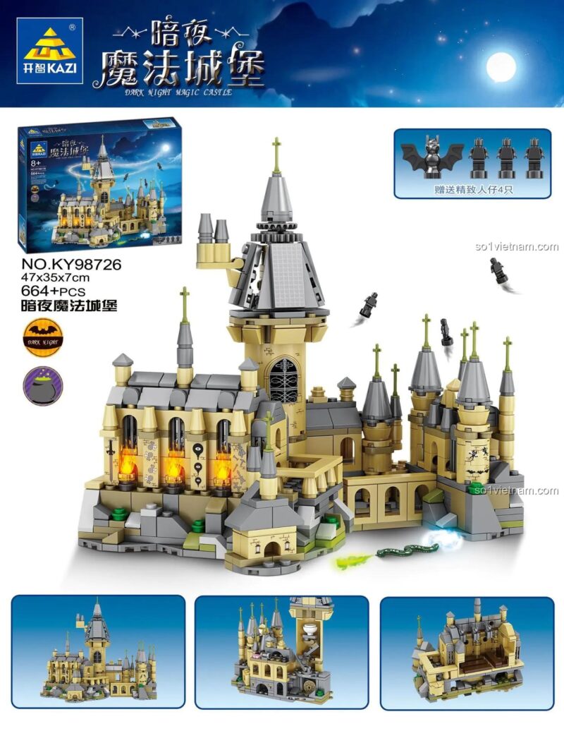 Chi tiết bộ xếp hình Lâu đài ma thuật BOZHI KY98726, 664 mảnh ghép, 4 minifigures, có đèn LED, đáng tiền cho trẻ 6 tuổi