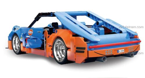 Mô hình xe đua Porsche 911 RSR "Gulf" "回力车" K盒子 10231 nhìn từ phía sau, chi tiết đuôi xe, cho bé trai 6 tuổi