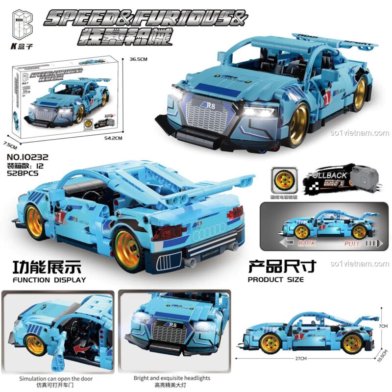 Chi tiết bộ lắp ghép siêu xe Audi R8 màu xanh dương K盒子 10232, đồ chơi cho bé trai 6 tuổi, có đèn pha sáng, cửa mở được, động cơ kéo lùi, tỉ lệ 1:10, 528 mảnh ghép