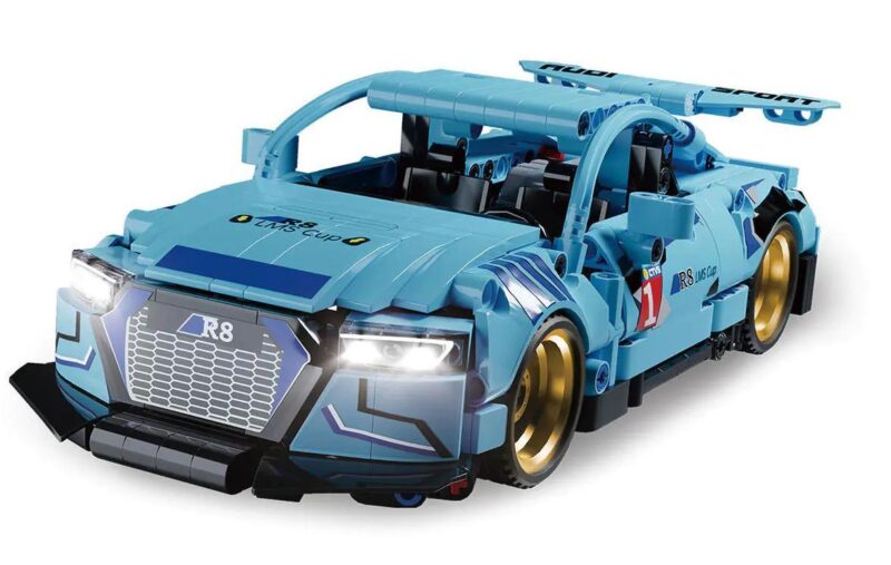 Mô hình xe đua Audi R8 màu xanh dương K盒子 10232, bộ lắp ghép xe thể thao, đồ chơi cho bé trai 6 tuổi, có đèn pha sáng, cửa mở được, động cơ kéo lùi, tỉ lệ 1:10, 528 mảnh ghép