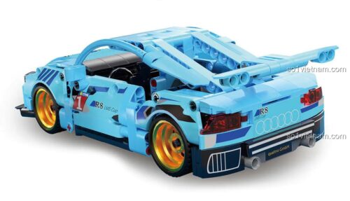 Mô hình xe đua Audi R8 màu xanh dương K盒子 10232, bộ lắp ghép xe thể thao, đồ chơi cho bé trai 6 tuổi, có đèn pha sáng, cửa mở được, động cơ kéo lùi, tỉ lệ 1:10, 528 mảnh ghép
