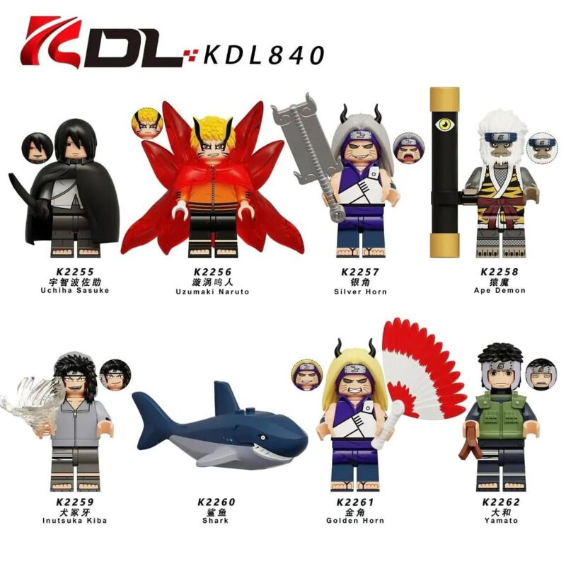 Bộ 8 nhân vật Naruto KDL K2261, bao gồm Uzumaki Naruto, Uchiha Sasuke, Inutsuka Kiba, Yamato, Cá Mập, Sừng Bạc, Sừng Vàng, Quỷ Khỉ. Đồ chơi nhân vật hành động cho bé trai 6 tuổi.