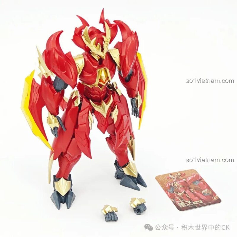 Mô hình Mecha Mặc Tử Keeppley sau khi lắp ráp hoàn chỉnh, đi kèm thẻ nhân vật và các bàn tay thay thế.