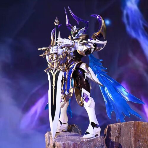Ảnh chụp cận cảnh đồ chơi mô hình Mecha Khải Ngân Bạch Vịnh Thán Điều Keeppley 78037. Mô hình đứng hiên ngang trên mỏm đá, tay cầm thanh kiếm khổng lồ, toát lên vẻ dũng mãnh. Sản phẩm phù hợp cho con trai 8 tuổi, giá tốt.