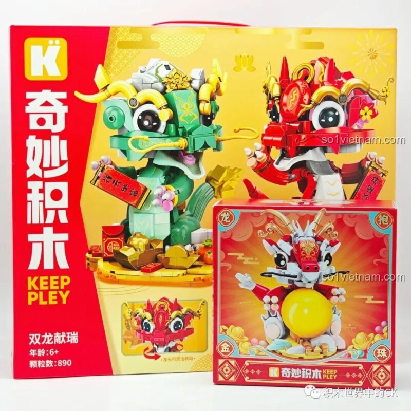 Hình ảnh hộp bộ xếp hình Keeppley K19910 Song Long Hiến Thụy bên cạnh một bộ rồng khác, quà tặng Tết ý nghĩa.