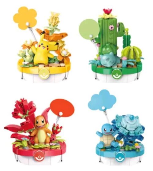 Ảnh chụp 4 mẫu của bộ lắp ghép Chậu cây Pokémon Keeppley K20278, bao gồm Pikachu, Bulbasaur, Charmander và Squirtle. Đồ chơi mô hình giá rẻ cho bé trai và bé gái 6 tuổi.