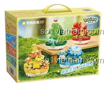 Hình ảnh hộp sản phẩm bộ xếp hình Keeppley K20278. Hộp màu vàng có hình 4 chậu cây Pokémon và logo Pokémon chính hãng. Món quà sinh nhật tuyệt vời.