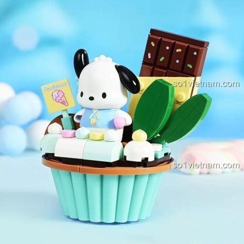 Mô hình Keeppley K20821 Chú chó Pochacco và Bánh Cupcake Sô-cô-la sau khi lắp ráp hoàn thiện, chi tiết sắc nét, màu sắc tươi tắn.