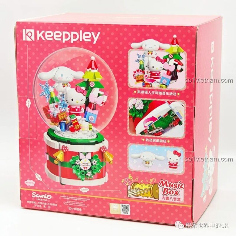 Kích thước hộp nhạc Giáng Sinh Sanrio Characters Keeppley K20836 (12.5x12.5x18.5cm) và hộp đựng (24x12x22.5cm), chi tiết sản phẩm