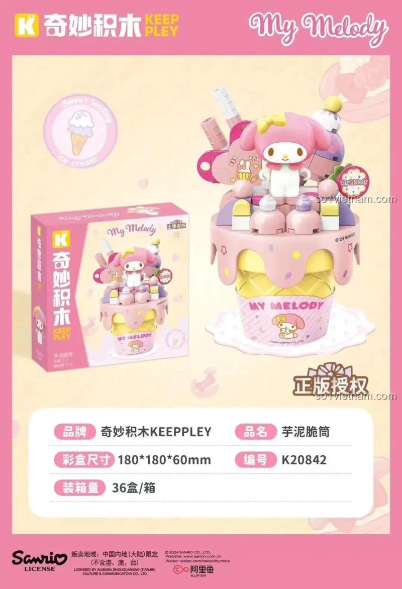 Mô hình bộ xếp hình K20842 Kem Ốc Quế My Melody và hộp sản phẩm, thể hiện chi tiết tinh xảo, phù hợp cho bé gái 12 tuổi.