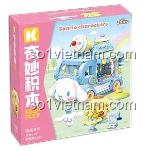 Hộp sản phẩm xe kem Sanrio Characters K20847 Keeppley, có hình ảnh mô hình xe kem, các nhân vật Sanrio, kích thước hộp 22.5 x 8 x 24 cm