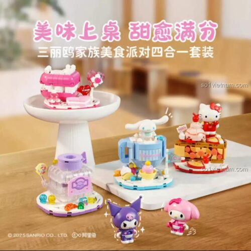 Trọn bộ 4 mô hình đồ chơi Keeppley K20882 gồm Hello Kitty, Kuromi, Cinnamoroll, My Melody.