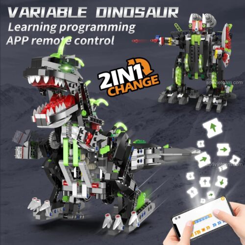 STEM toy Khủng Long Điều Khiển Từ Xa K96114, đồ chơi giáo dục Robot Lập Trình KeeYee World, giúp bé trai 6 tuổi học lập trình qua điện thoại.