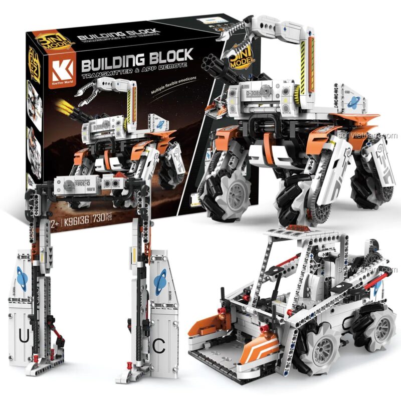 Toàn bộ 3 mẫu lắp ráp của đồ chơi mô hình K96136: Chó Robot Benben, Xe Nâng và Cổng Trục, một lựa chọn giá tốt.