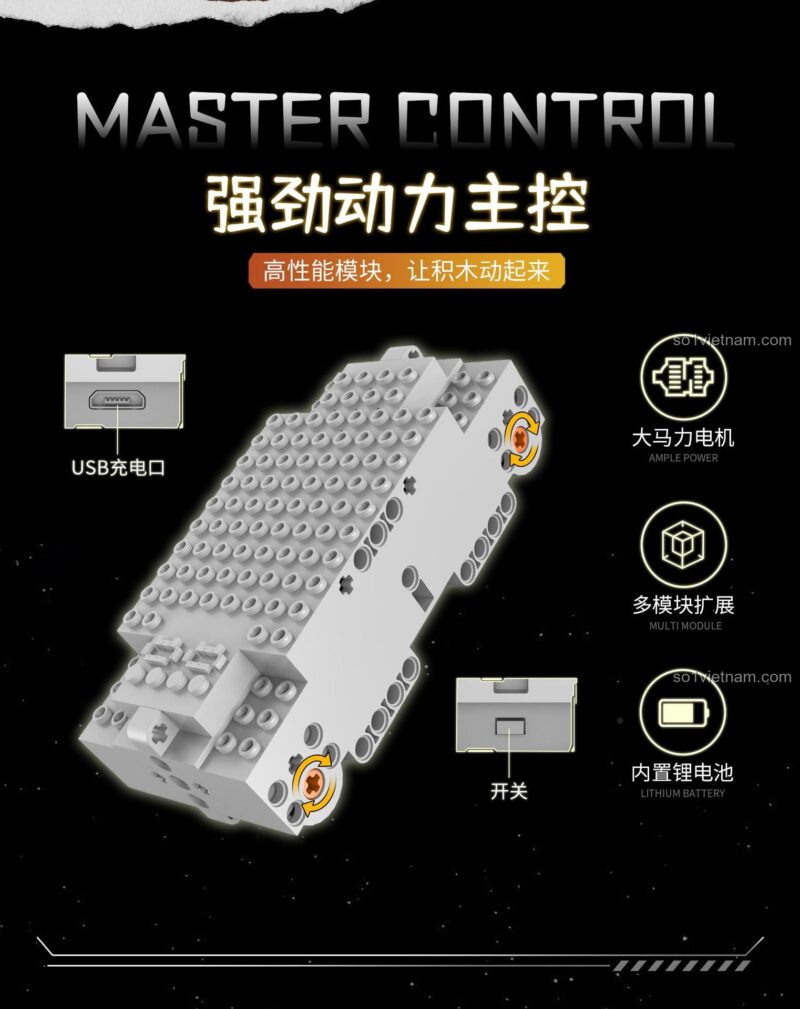 Bộ điều khiển trung tâm mạnh mẽ của đồ chơi lắp ráp Xe Nâng Hàng Technic, tích hợp pin sạc và cổng USB.