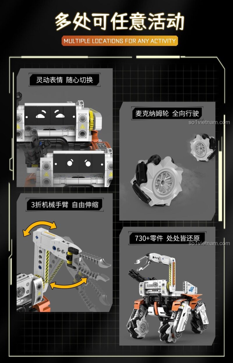 Chi tiết các tính năng cơ học của bộ lắp ghép Robot Benben KeeYee World: biểu cảm, bánh xe Mecanum, cánh tay robot.