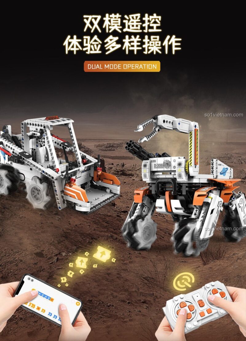 Minh họa chế độ điều khiển kép của Cổng Trục Technic KeeYee World, qua remote và ứng dụng trên điện thoại thông minh.