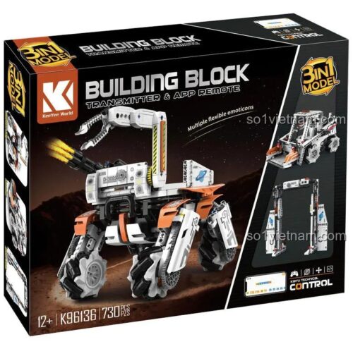 Hộp sản phẩm đồ chơi lắp ráp KeeYee World K96136, thể hiện mô hình Robot Benben 3 trong 1 và tính năng điều khiển từ xa.