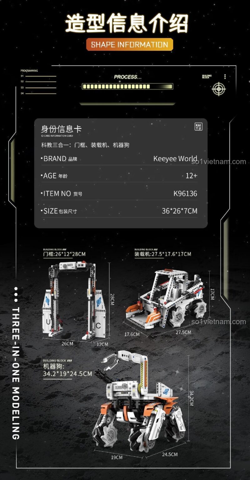 Thông số kích thước chi tiết của cả 3 mô hình trong bộ đồ chơi mô hình Cổng Trục Technic, giúp người mua dễ hình dung.