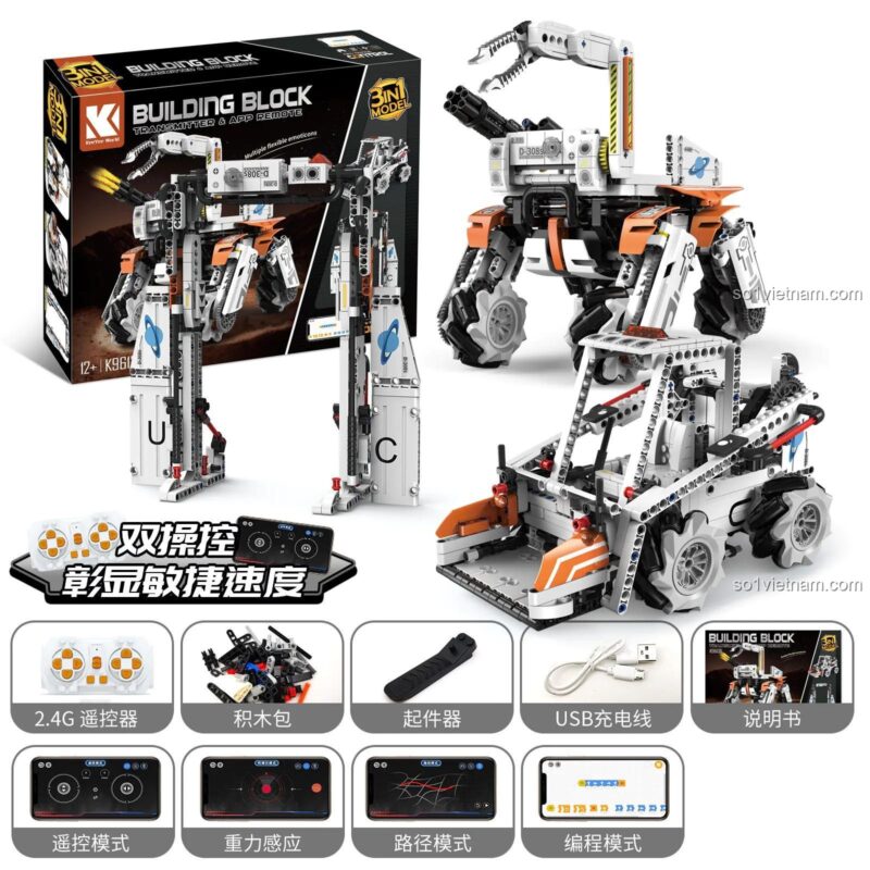 Các phụ kiện đi kèm và tính năng nổi bật của Robot Benben KeeYee World, bao gồm điều khiển từ xa và ứng dụng điện thoại.