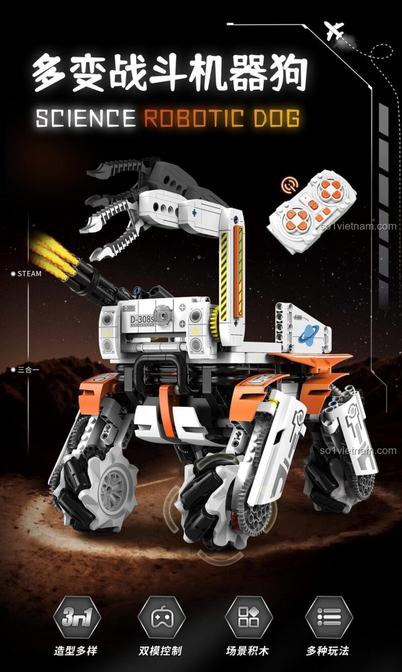 Hình ảnh quảng cáo của Robot Khoa Học Viễn Tưởng 96136, nhấn mạnh khả năng biến hình và điều khiển kép.