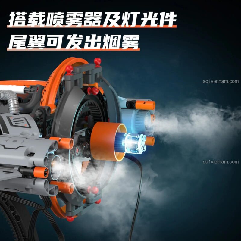 Cận cảnh hiệu ứng phun khói từ động cơ của bộ lắp ráp KeeYee World K96156. Tính năng độc đáo mang lại trải nghiệm chơi chân thực cho bé trai.
