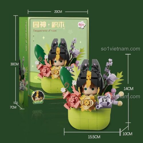 Hộp sản phẩm Kivi 288069 và kích thước mô hình Na Ri Bảo Bảo, bộ lắp ghép Vườn Thần