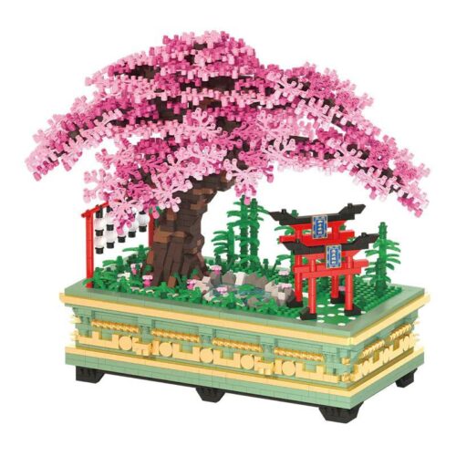 Mô hình Cây Anh Đào Bonsai KOCO 04013 với 3105 chi tiết, màu hồng chủ đạo, có cổng Torii đỏ, đèn lồng, thích hợp trang trí nhà cửa, quà tặng ý nghĩa cho bé 6 tuổi