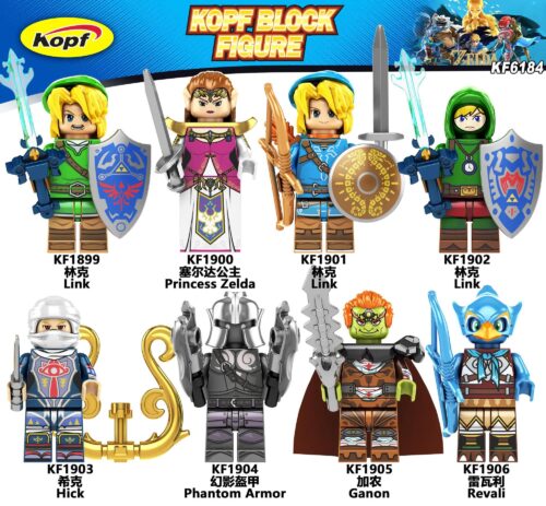 Bộ đồ chơi Minifigures The Legend of Zelda Kopf KF1900 chất lượng cao, giá tốt cho bé trai và bé gái 6 tuổi, tái hiện các nhân vật huyền thoại Link, Công chúa Zelda, Ganon, Revali, Hick, Phantom Armor.