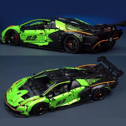 Mô hình siêu xe Lamborghini màu xanh lá và đen, tỉ lệ 1:8, 4100 chi tiết, kiểu Technic, có cửa cắt kéo, động cơ V12, hộp số 6 cấp, điều khiển từ xa, phù hợp cho bé trai 14 tuổi trở lên.