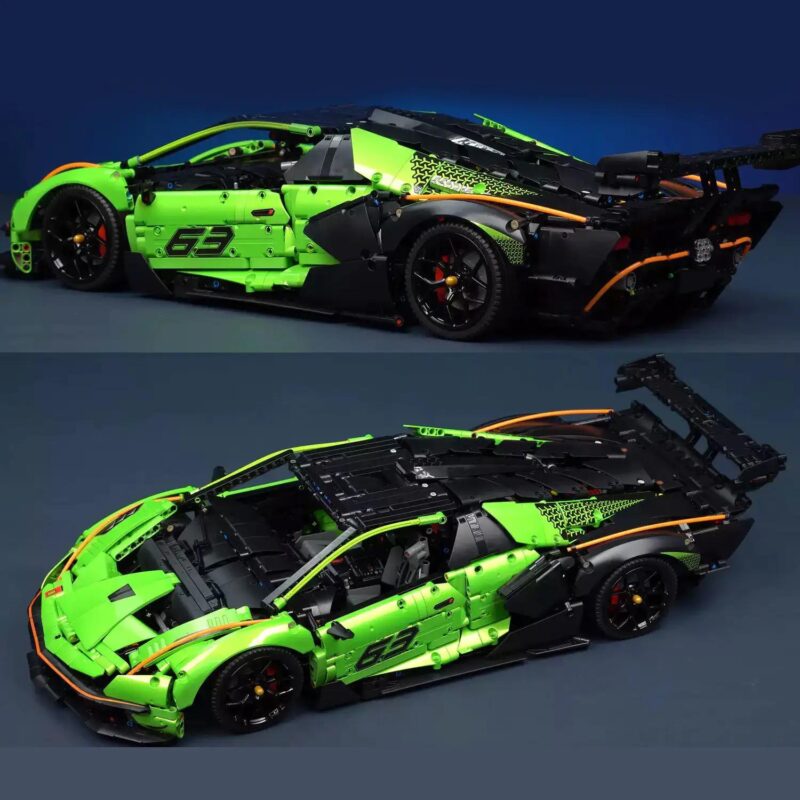 Mô hình siêu xe Lamborghini màu xanh lá và đen, tỉ lệ 1:8, 4100 chi tiết, kiểu Technic, có cửa cắt kéo, động cơ V12, hộp số 6 cấp, điều khiển từ xa, phù hợp cho bé trai 14 tuổi trở lên.