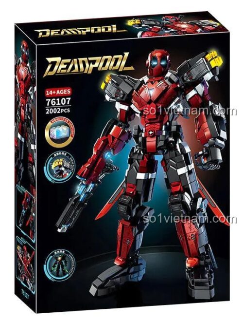 Hộp sản phẩm Robot Deadpool 76107 2002 mảnh, đồ chơi lắp ghép cho bé trai 14 tuổi, có đèn LED và vũ khí, chất lượng cao, giá tốt