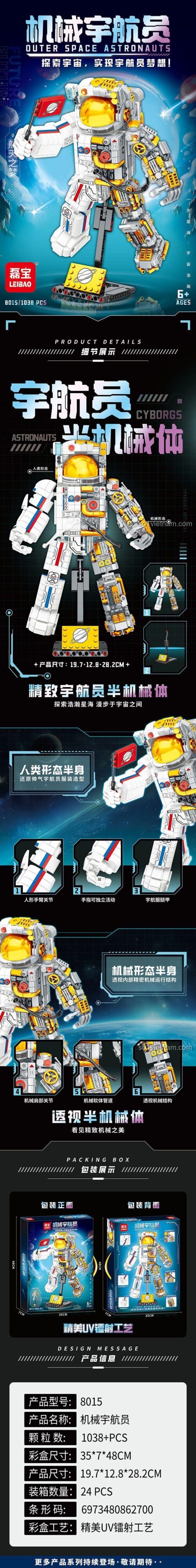 Chi tiết đồ chơi mô hình LEIBAO 8015 Robot Phi Hành Gia, bộ lắp ráp Người Máy Du Hành Vũ Trụ với 1038 mảnh ghép.
