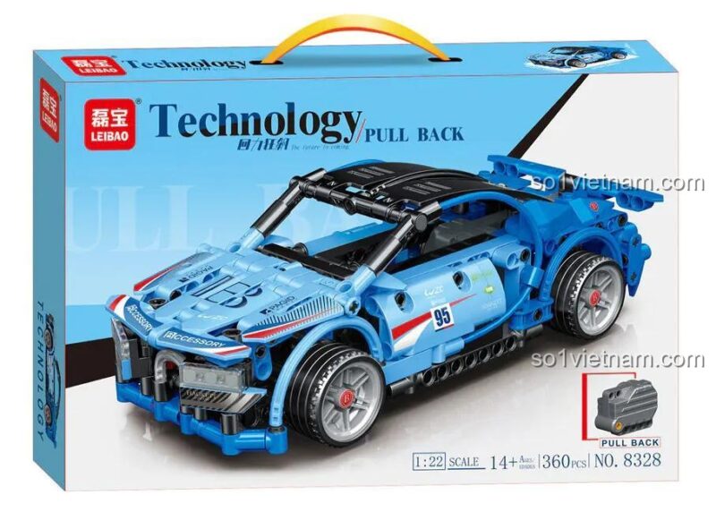 Hộp sản phẩm LEIBAO 8328 bộ đồ chơi Siêu xe Bugatti xanh tỉ lệ 1:22, 360 mảnh, Technic, Pull Back, cho bé trai 14 tuổi