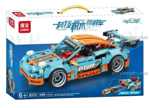 Hộp sản phẩm bộ đồ chơi xe thể thao bắn đạn công nghệ LEIBAO 8370, 446 chi tiết, cho bé trai 6 tuổi, có hình ảnh mô hình và thông số kỹ thuật
