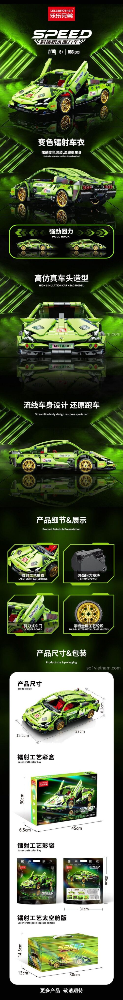 Đồ chơi mô hình LELE BROTHER 3300 Siêu xe Lamborghini Bò Xanh với các chi tiết thiết kế khí động học, cửa mở cánh chim, kích thước mô hình rõ ràng, dành cho bé trai 6 tuổi, chất lượng cao