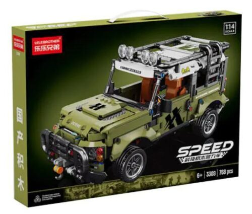 Hộp sản phẩm LELE BROTHER 3309 Xe Jeep Địa Hình Quân Đội, bộ lắp ghép xe địa hình 768 mảnh, tỉ lệ 1:14, phù hợp cho bé trai 6 tuổi