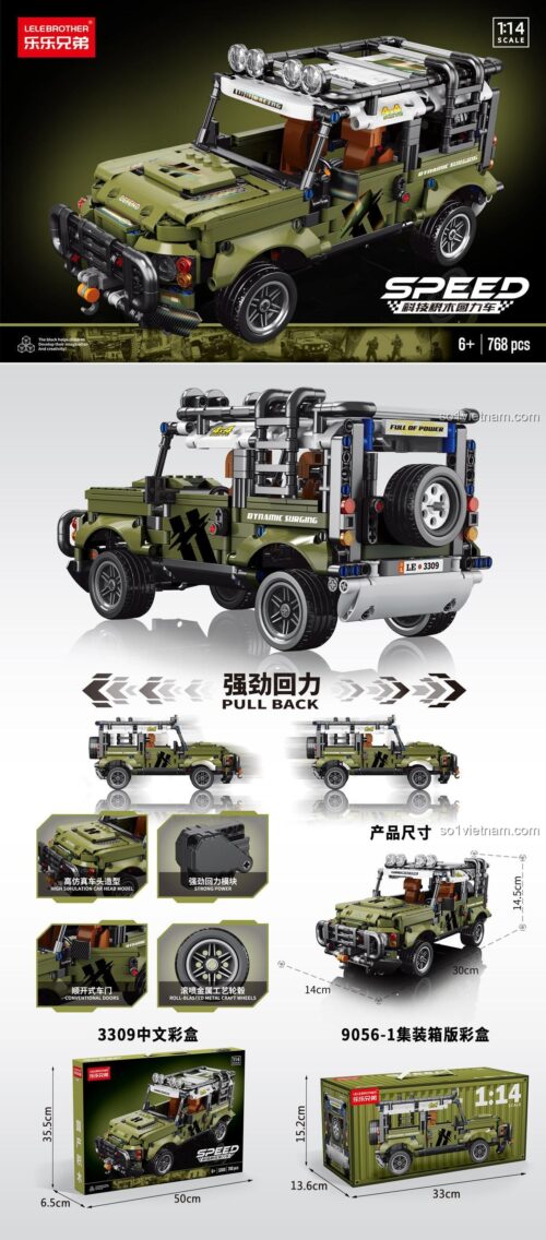Mô hình LELE BROTHER 3309 Xe Jeep Địa Hình Quân Đội phiên bản xanh lá, bộ lắp ráp xe địa hình 768 mảnh, tỉ lệ 1:14, có động cơ dây cót