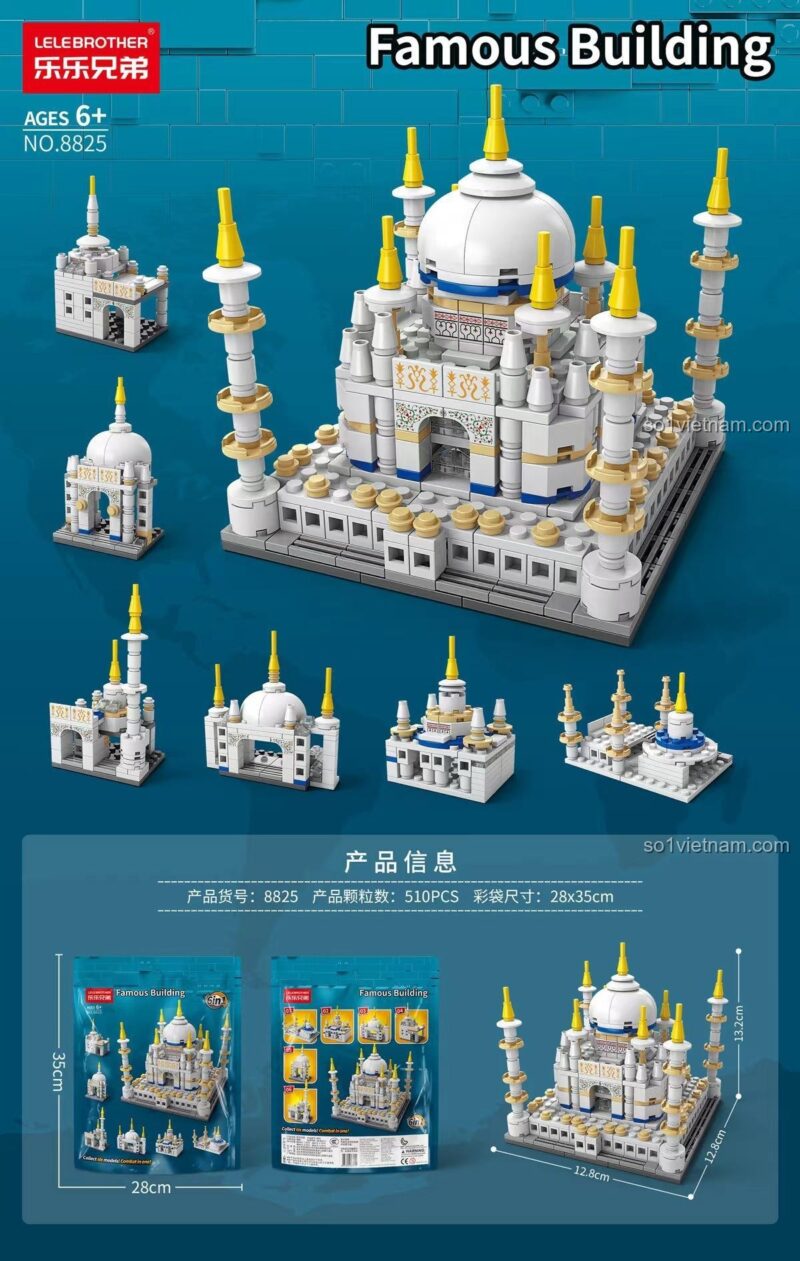 Các bộ phận lắp ráp mô hình Taj Mahal LELE BROTHER 8825, đồ chơi xếp hình, 510 chi tiết, cho bé 6 tuổi