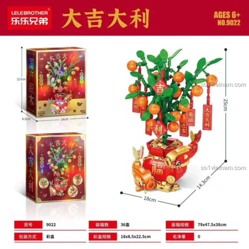 Kích thước hộp và mô hình Cây Kim Quất Phúc Lộc LELE BROTHER 9022, bộ lắp ghép 671 chi tiết, phù hợp bé trai bé gái 6 tuổi, giá tiết kiệm.