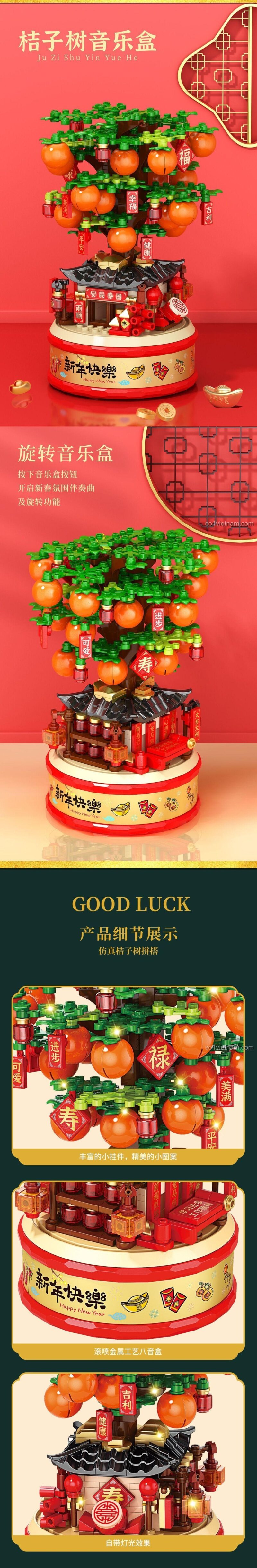 bộ lắp ghép 023 LELE BROTHER, đồ chơi mô hình 9023, hộp nhạc Cây kim quất trang trí Tết với đèn LED và âm thanh, phù hợp cho bé 6 tuổi, giá hời.