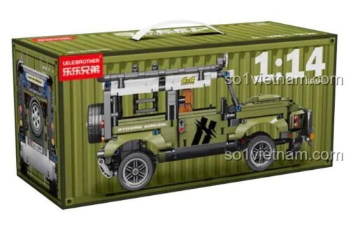 Hộp sản phẩm LELE BROTHER 9056-1 Xe Jeep Địa Hình Defender dạng container, tỉ lệ 1:14, 768 mảnh, cho bé 6 tuổi