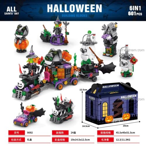 Hộp sản phẩm Tàu Hỏa Halloween 6 trong 1 LELE BROTHER 9091 và các mô hình lắp được