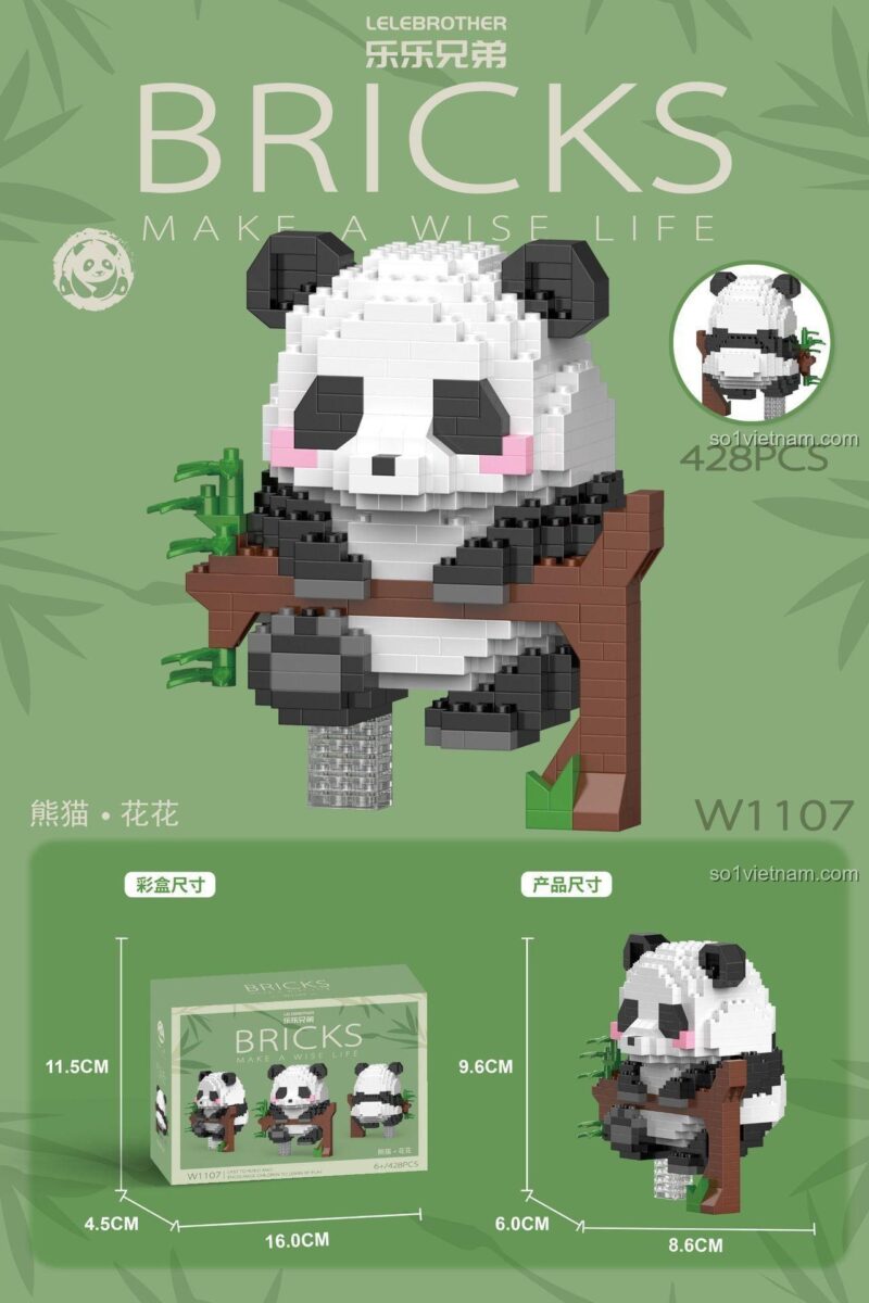 Kích thước mô hình Gấu Trúc Hoa Hoa LELE BROTHER W1107, đồ chơi xếp hình Gấu Trúc Leo Cây 428 mảnh, phát triển tư duy cho trẻ 6 tuổi
