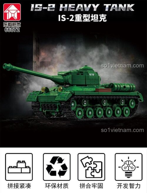Mô hình xe tăng hạng nặng IS-2 LEQI 66072 màu xanh lá, có 2 minifigures, pháo xoay 360 độ, chi tiết cao, đồ chơi lắp ghép cho bé trai 6 tuổi