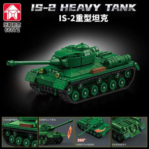 Mô hình xe tăng hạng nặng IS-2 LEQI 66072 màu xanh lá, có 2 minifigures, pháo xoay 360 độ, chi tiết cao, đồ chơi lắp ghép cho bé trai 6 tuổi