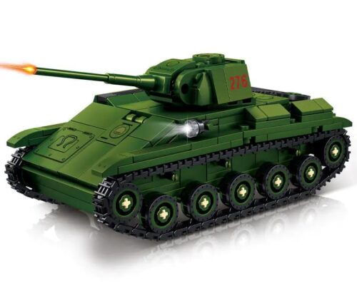 Xe tăng hạng nhẹ T-70 LEQI 66087 với bánh xích linh hoạt, tháp pháo xoay được, nòng pháo cử động được, cửa khoang lái mở được, khoang chứa đồ mở được, màu xanh lá chủ đạo, 553 chi tiết, phù hợp cho bé trai 6 tuổi