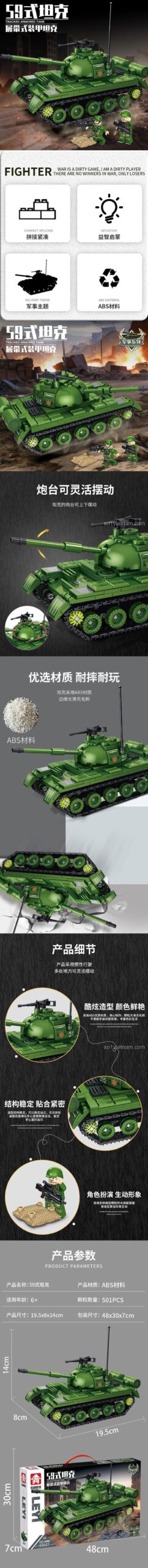 Bộ lắp ghép Leyi 66037 Xe Tăng Bọc Thép Bánh Xích, thể hiện tính năng bánh xích linh hoạt và kích thước mô hình, đồ chơi lắp ráp cho bé trai